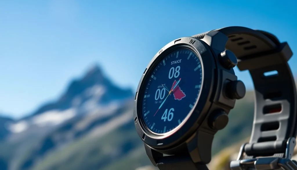 Engaging view of Explorer Plus GPS Smart Watch set against a picturesque outdoor backdrop, illustrating its adventure-ready features.
