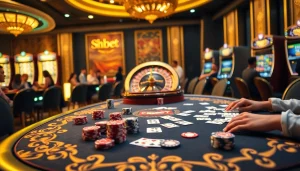 Experience thrilling gameplay with SHBET's vibrant casino scene featuring poker, roulette, and slot machines.