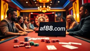 Experience exciting gameplay at af88.com with vibrant casino visuals of poker chips and roulette.