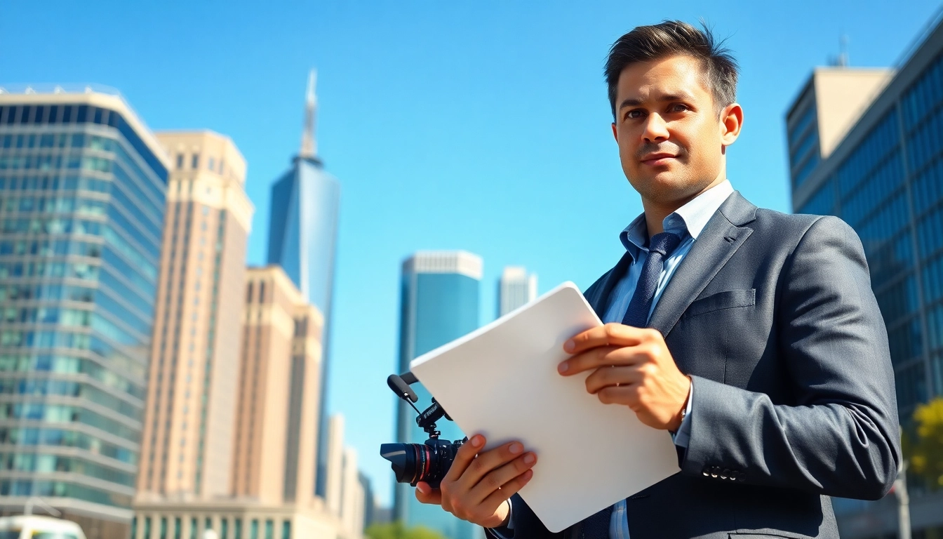 News reporter capturing live updates in a vibrant urban setting.