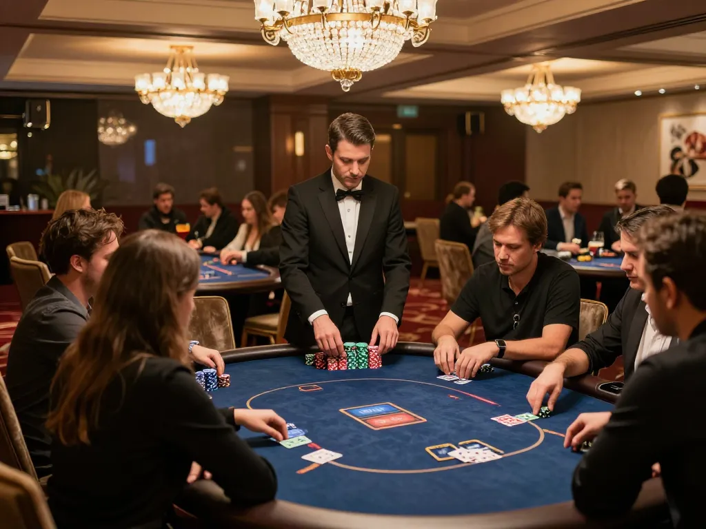 Players engaging in a strategic poker game at a luxurious casino setting, highlighting cm88