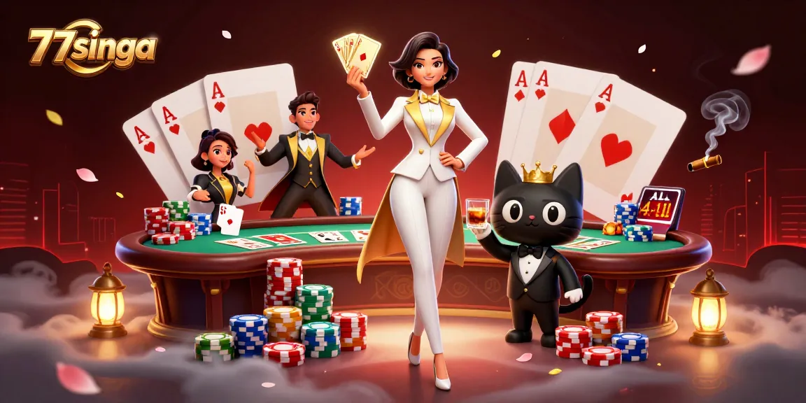 77singa menggambarkan suasana poker yang glamor dengan dealer bergaya, teman kucing, dan chip berwarna-warni.