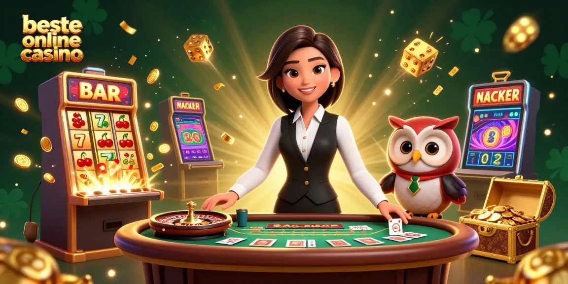 Win big at beste online casino with engaging 3D illustration of dealers and vibrant gaming elements.