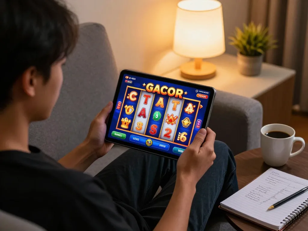 Engaging in slot gacor gameplay on tablet while relaxing at home, showcasing strategic entertainment.