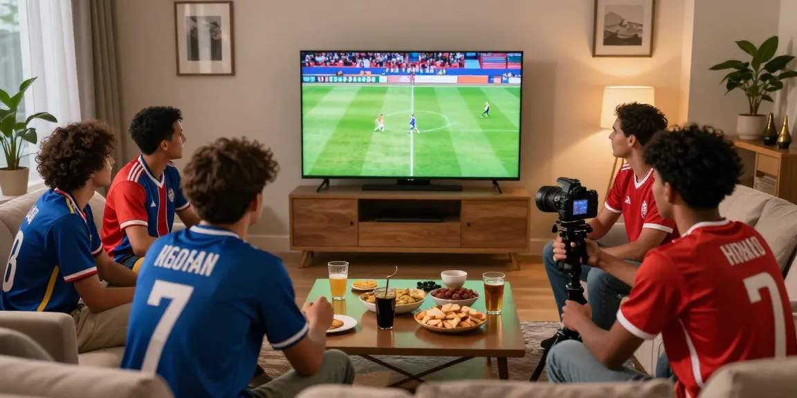 Menonton live bola berkualitas tinggi dengan teman-teman di ruang tamu yang nyaman.
